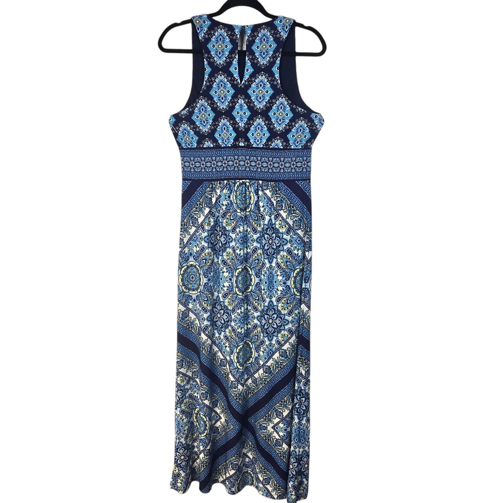 London Times Blue Medallion Tile Print Sleeveless Maxi Dress Size 8 Empire Waist - Picture 2 of 10